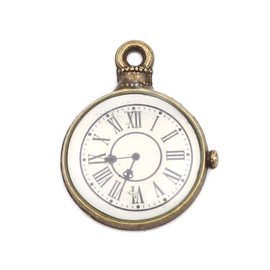 Bild von Zinklegierung Charms Taschenuhr Bronzefarbe Weiß 25mm x 19mm, 10 Stück