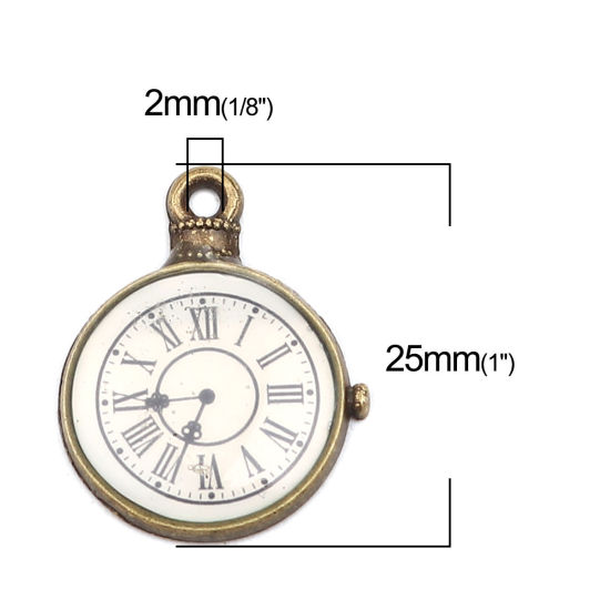 Bild von Zinklegierung Charms Taschenuhr Bronzefarbe Weiß 25mm x 19mm, 10 Stück