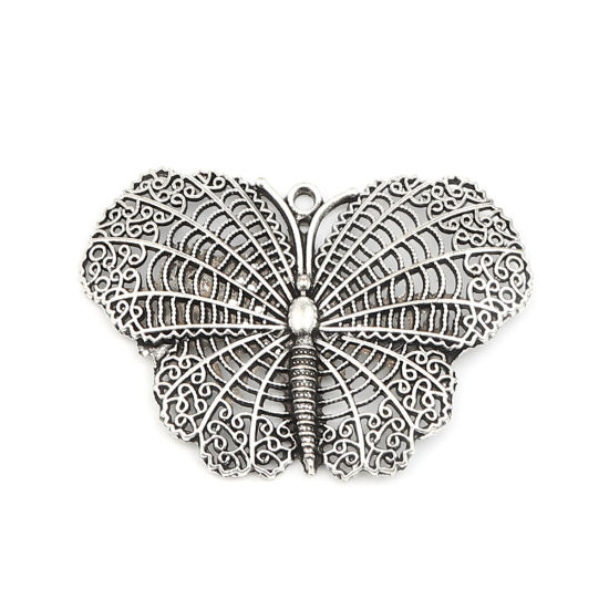 Immagine di Zinc Based Alloy Insect Pendants Butterfly Animal Antique Silver Color 68mm x 47mm, 2 PCs