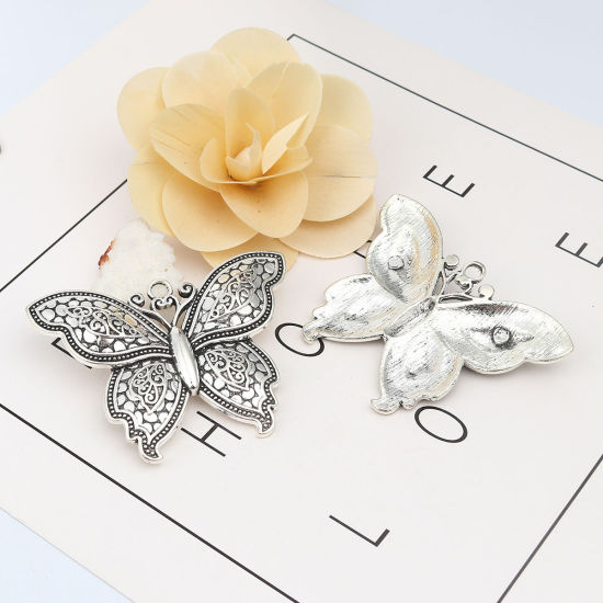 Picture of Zinc Based Alloy Insect Pendants Butterfly Animal Antique Silver Color 70mm x 52mm, 2 PCs