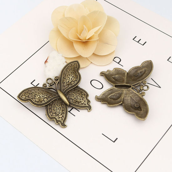 Picture of Zinc Based Alloy Insect Pendants Butterfly Animal Antique Bronze 70mm x 52mm, 2 PCs