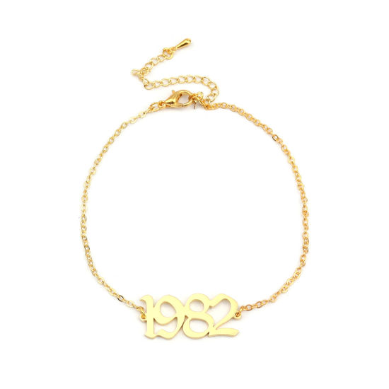 Picture of 304 Stainless Steel Year Anklet Gold Plated Number Message " 1982 " 21cm(8 2/8") long, 1 Piece