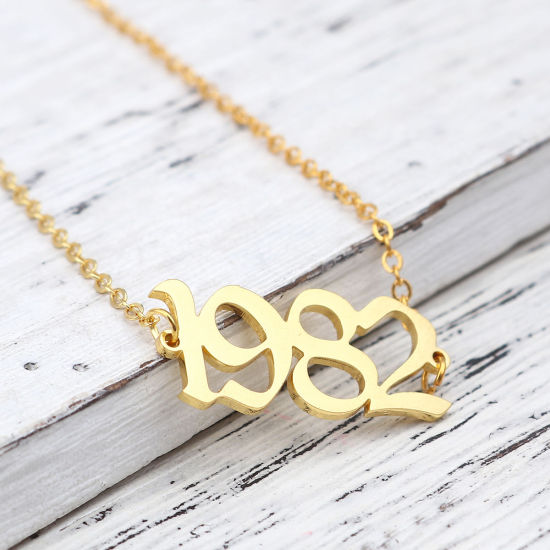 Picture of 304 Stainless Steel Year Anklet Gold Plated Number Message " 1982 " 21cm(8 2/8") long, 1 Piece
