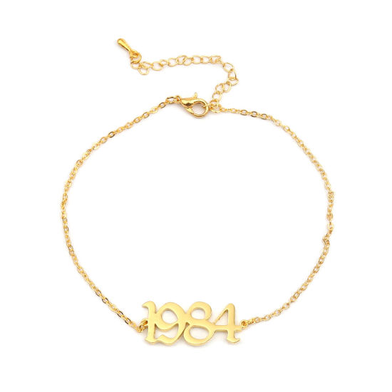 Image de 304 Stainless Steel Year Anklet Gold Plated Number Message " 1984 " 21cm(8 2/8") long, 1 Piece