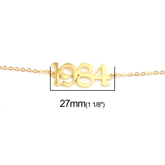 Picture of 304 Stainless Steel Year Anklet Gold Plated Number Message " 1984 " 21cm(8 2/8") long, 1 Piece