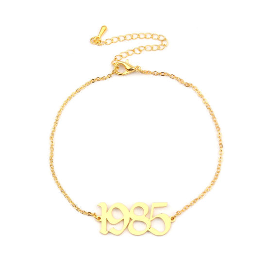 Изображение 304 Stainless Steel Year Anklet Gold Plated Number Message " 1985 " 21cm(8 2/8") long, 1 Piece