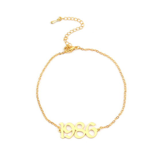 Изображение 304 Stainless Steel Year Anklet Gold Plated Number Message " 1986 " 21cm(8 2/8") long, 1 Piece