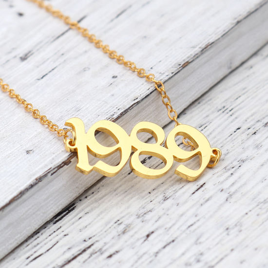 Image de 304 Stainless Steel Year Anklet Gold Plated Number Message " 1989 " 21cm(8 2/8") long, 1 Piece