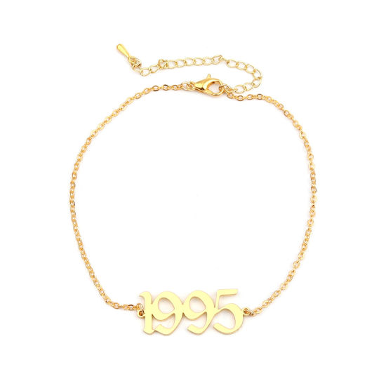 Image de 304 Stainless Steel Year Anklet Gold Plated Number Message " 1995 " 21cm(8 2/8") long, 1 Piece