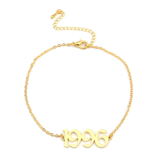 Image de 304 Stainless Steel Year Anklet Gold Plated Number Message " 1996 " 21cm(8 2/8") long, 1 Piece