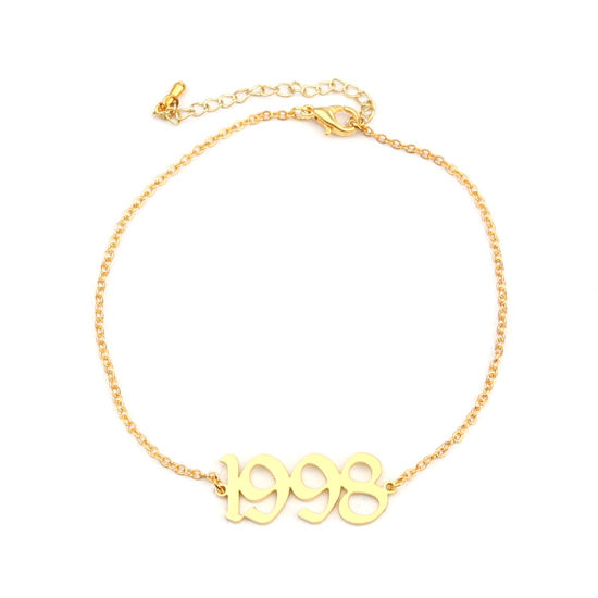 Image de 304 Stainless Steel Year Anklet Gold Plated Number Message " 1998 " 21cm(8 2/8") long, 1 Piece