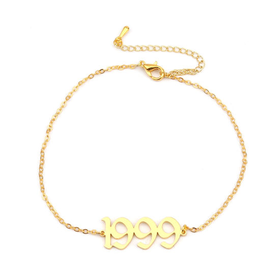 Image de 304 Stainless Steel Year Anklet Gold Plated Number Message " 1999 " 21cm(8 2/8") long, 1 Piece