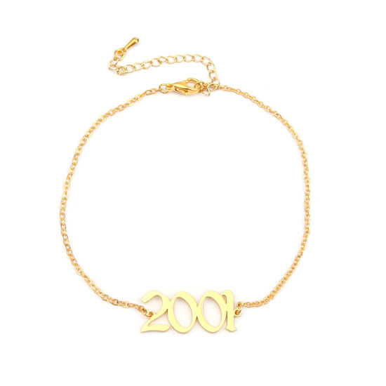 Image de 304 Stainless Steel Year Anklet Gold Plated Number Message " 2001 " 21cm(8 2/8") long, 1 Piece