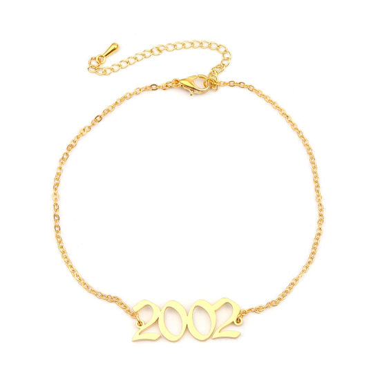 Image de 304 Stainless Steel Year Anklet Gold Plated Number Message " 2002 " 21cm(8 2/8") long, 1 Piece