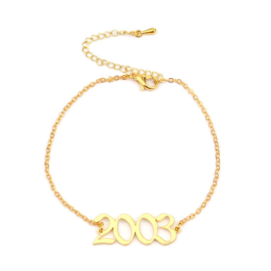 Изображение 304 Stainless Steel Year Anklet Gold Plated Number Message " 2003 " 21cm(8 2/8") long, 1 Piece