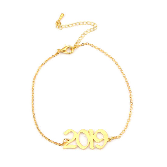 Изображение 304 Stainless Steel Year Anklet Gold Plated Number Message " 2019 " 21cm(8 2/8") long, 1 Piece
