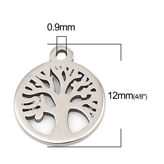Picture of 304 Stainless Steel Charms Round Silver Tone Tree 12mm x 10mm, 10 PCs