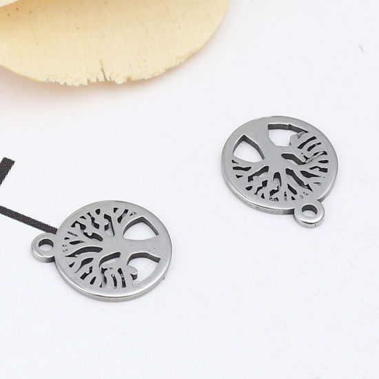 Изображение 304 Stainless Steel Charms Round Silver Tone Tree 12mm x 10mm, 10 PCs