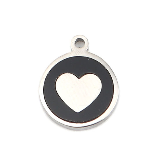 Image de Breloques en 304 Acier Inoxydable & Coquille Naturelle Rond Argent Mat Noir Cœur 12mm x 10mm , 1 Pièce