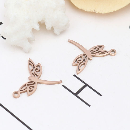 Изображение 304 Stainless Steel Insect Charms Dragonfly Animal Rose Gold 19mm x 16mm, 5 PCs