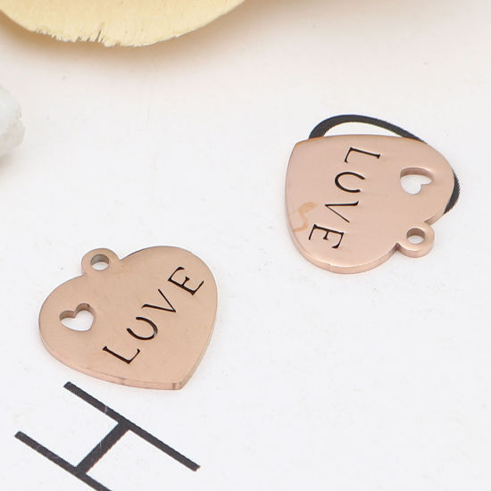 Изображение 304 Stainless Steel Valentine's Day Charms Heart Rose Gold Message " LOVE " 16mm x 16mm, 5 PCs