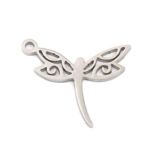 Picture of 304 Stainless Steel Insect Charms Dragonfly Animal Silver Tone 19mm x 16mm, 10 PCs