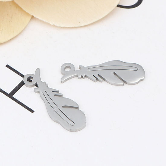 Picture of 304 Stainless Steel Charms Feather Silver Tone 20mm x 7mm, 10 PCs