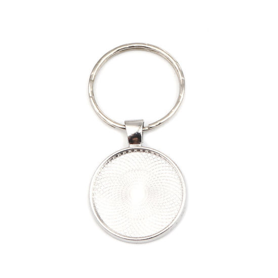 Picture of Zinc Based Alloy Keychain & Keyring Silver Tone Round Cabochon Settings (Fits 25mm Dia.) 59mm x 30mm, 5 PCs