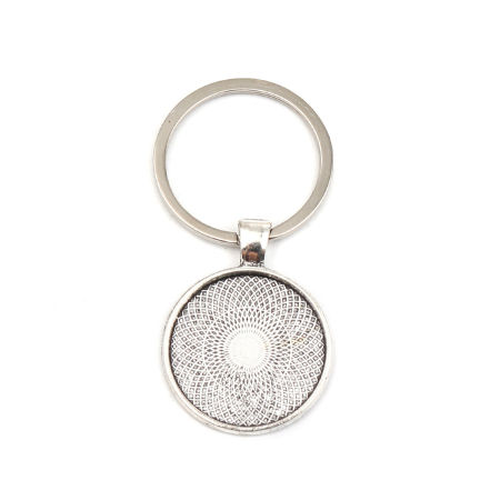 Bild von Zinklegierung Schlüsselkette & Schlüsselring Antik Silber Rund Cabochon Fassung (Für 24mm) 60mm x 30mm, 5 Stück