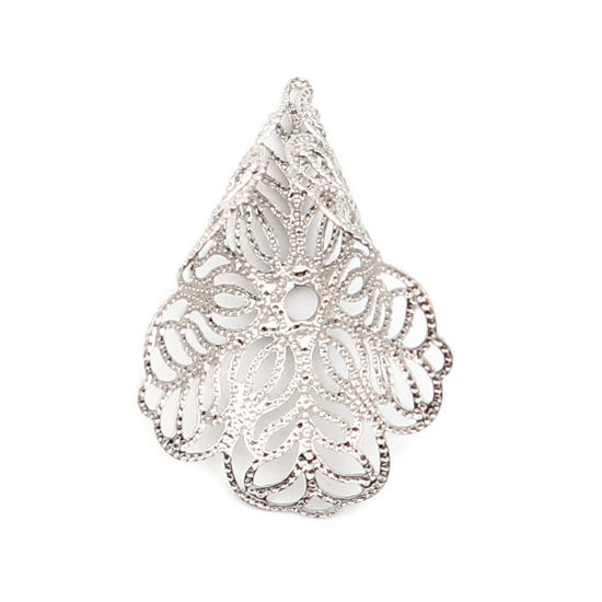 Picture of Brass Bead Cap Cone Silver Tone Flower (Fit Beads Size: 20mm Dia.) 27mm x 19mm, 10 PCs                                                                                                                                                                        