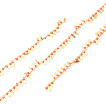 Picture of 1 M (Approx 3.28 Foot) 304 Stainless Steel & Glass Curb Link Chain For Handmade DIY Jewelry Making Findings Arrowhead Gold Plated Orange-red 10x3mm