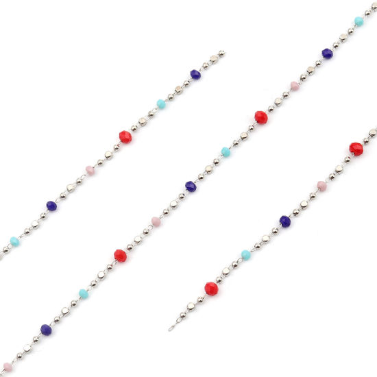 Bild von 1 Meter 304 Edelstahl & Glas Perlenkette Für handgefertigte Schmuckherstellung Flachrund Silberfarbe Bunt 4x3mm