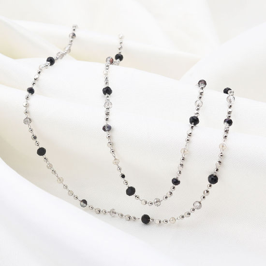 Bild von 1 Meter 304 Edelstahl & Glas Perlenkette Für handgefertigte Schmuckherstellung Flachrund Silberfarbe Schwarz & Weiß 4x3mm