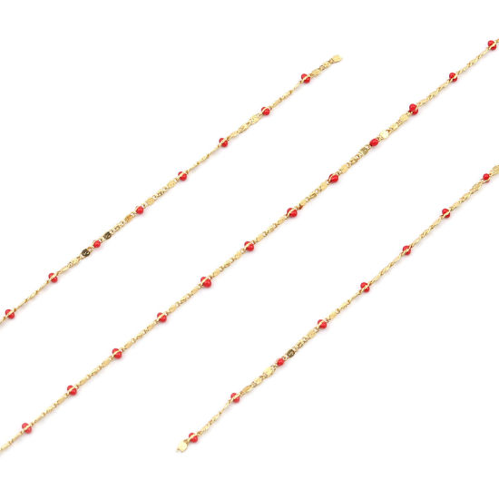 Bild von 304 Edelstahl Schmuckkette Kette Vergoldet Rot Emaille 7x2mm, 1 Meter