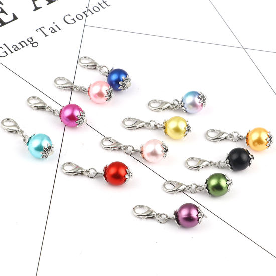 Picture of Acrylic & Zinc Based Alloy Knitting Stitch Markers Round Antique Silver Color At Random Color Imitation Pearl 27mm x 10mm, 12 PCs
