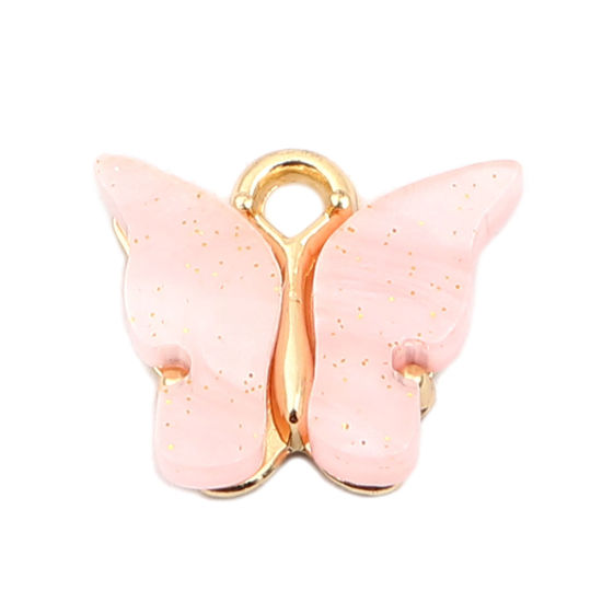 Immagine di Zinc Based Alloy & Acrylic Insect Charms Butterfly Animal Gold Plated Pink 15mm x 13mm, 10 PCs