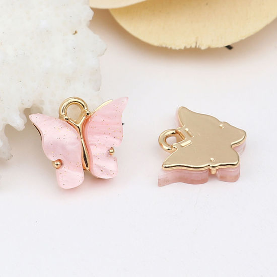 Immagine di Zinc Based Alloy & Acrylic Insect Charms Butterfly Animal Gold Plated Pink 15mm x 13mm, 10 PCs