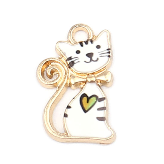 Immagine di Zinc Based Alloy Charms Cat Animal Gold Plated Multicolor Enamel 22mm x 13mm, 10 PCs