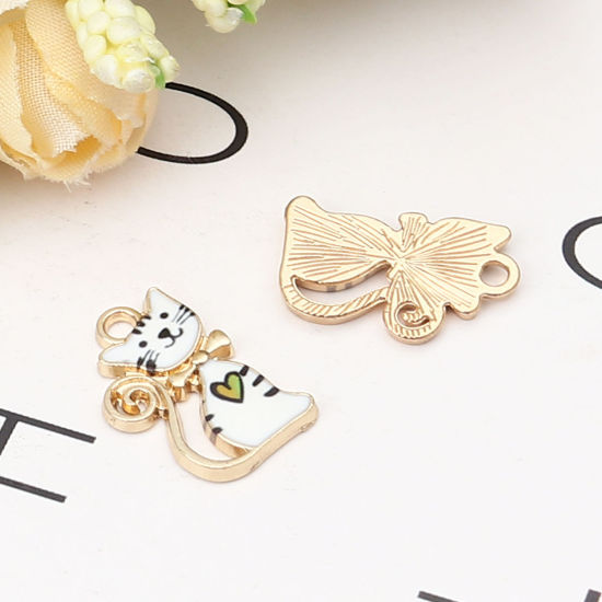 Immagine di Zinc Based Alloy Charms Cat Animal Gold Plated Multicolor Enamel 22mm x 13mm, 10 PCs