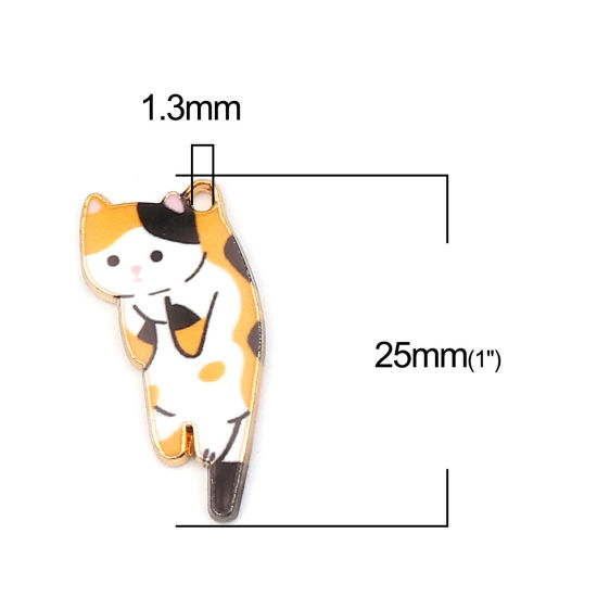 Picture of Zinc Based Alloy Charms Cat Animal Gold Plated Multicolor Enamel 25mm x 13mm, 10 PCs