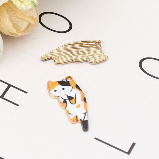 Picture of Zinc Based Alloy Charms Cat Animal Gold Plated Multicolor Enamel 25mm x 13mm, 10 PCs