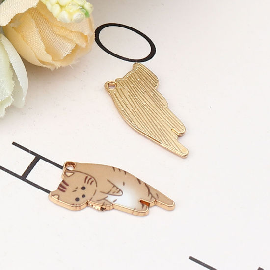 Picture of Zinc Based Alloy Charms Cat Animal Gold Plated Light Coffee Enamel 25mm x 13mm, 10 PCs