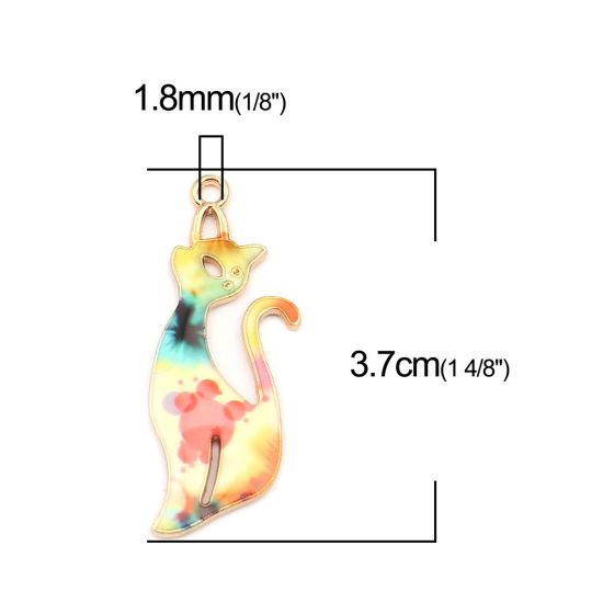 Picture of Zinc Based Alloy Pendants Cat Animal Gold Plated Multicolor Flower Enamel 37mm x 13mm, 10 PCs