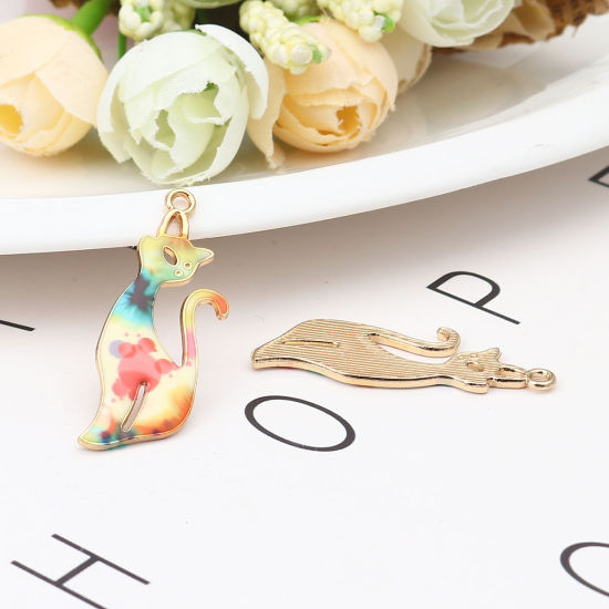 Picture of Zinc Based Alloy Pendants Cat Animal Gold Plated Multicolor Flower Enamel 37mm x 13mm, 10 PCs