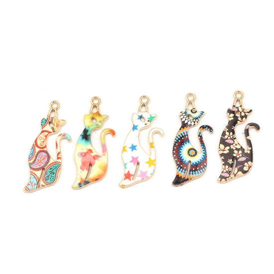 Picture of Zinc Based Alloy Pendants Cat Animal Gold Plated Multicolor Flower Enamel 37mm x 13mm, 10 PCs