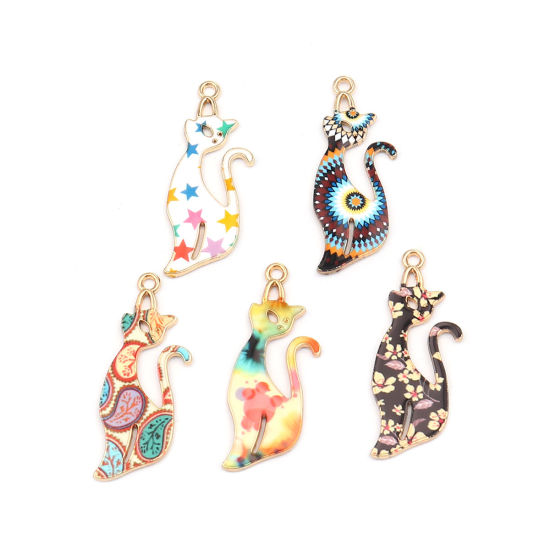 Picture of Zinc Based Alloy Pendants Cat Animal Gold Plated Multicolor Flower Enamel 37mm x 13mm, 10 PCs