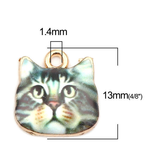 Picture of Zinc Based Alloy Charms Cat Animal Gold Plated Dark Green Enamel 13mm x 13mm, 10 PCs