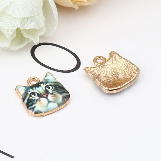 Picture of Zinc Based Alloy Charms Cat Animal Gold Plated Dark Green Enamel 13mm x 13mm, 10 PCs