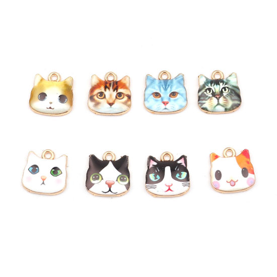 Picture of Zinc Based Alloy Charms Cat Animal Gold Plated Dark Green Enamel 13mm x 13mm, 10 PCs