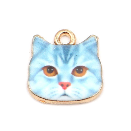 Picture of Zinc Based Alloy Charms Cat Animal Gold Plated Blue Enamel 13mm x 13mm, 10 PCs